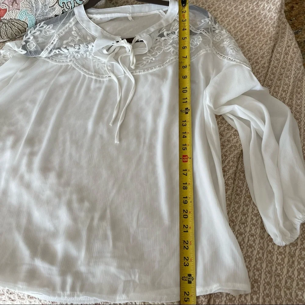 Sheer Bell Sleeve V-neck Tie Blouse - Picture 7 of 7